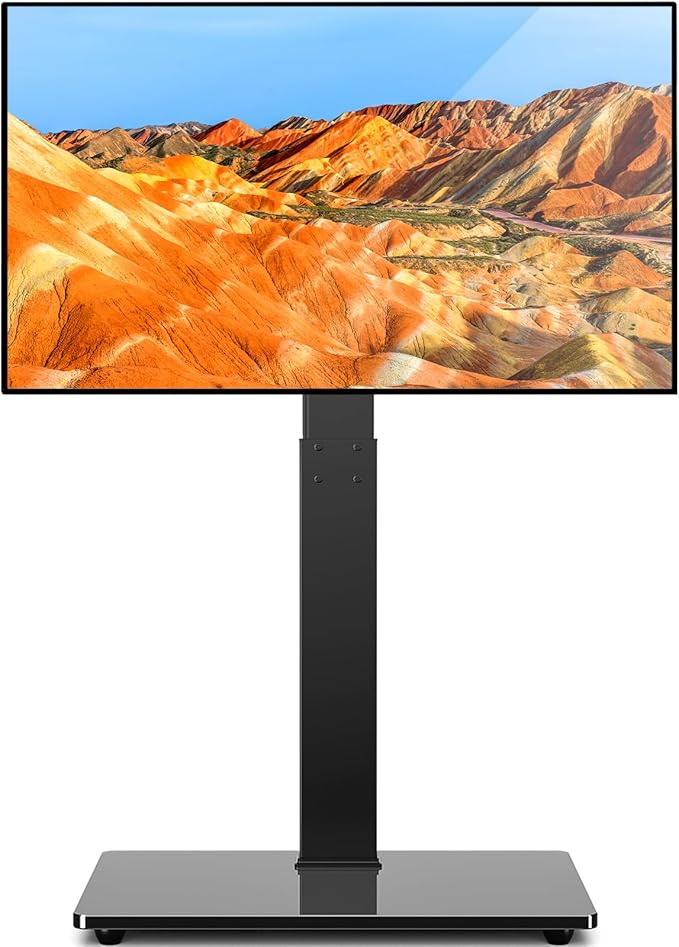 TAVR Universal Floor TV Stand Base for 32-75 Inch TVs up to 110 Lbs with Swivel Height Adjustable Mount Black Tempered Glass Base for Media Storage and Space Saving