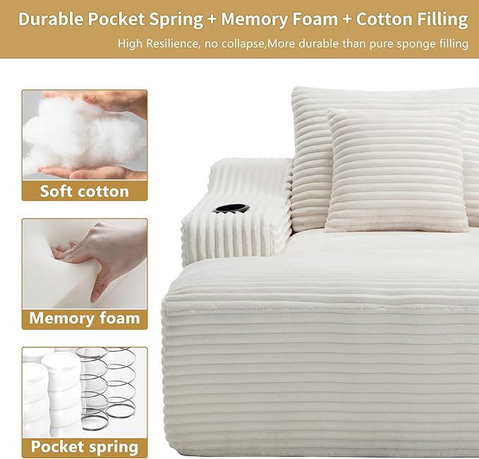 Boneless CouchComfy Fluffy Sofa BedUpholstered Sleeper Sofa Couch with Throw Pillows and ArmrestsCorduroy Plush Cloud Couches with Cup Holder White
