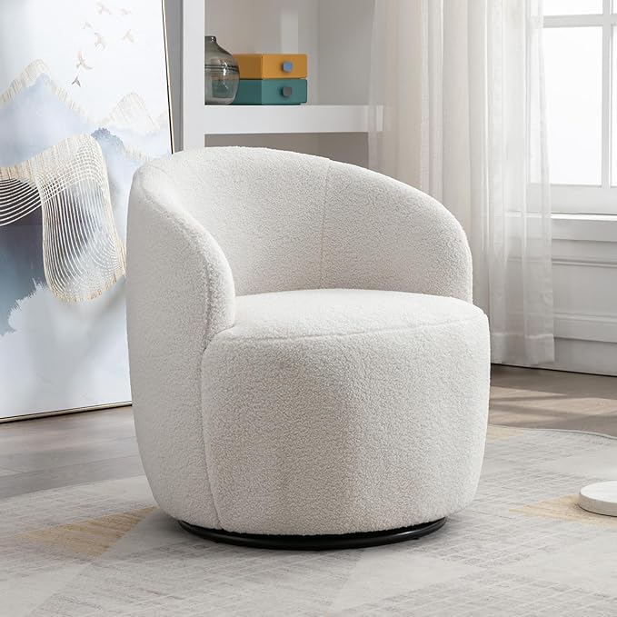 KIVENJAJA Swivel Barrel Chair Teddy Sherpa Upholstered Modern Round Accent Arm Chairs 360 Degree Swivel Small Single Sofa Armchair for Nursery Living Room Bedroom (Teddy Ivory)