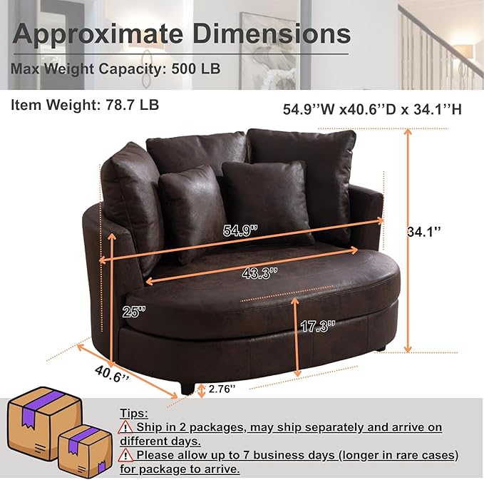 54.9''W Oversized Accent Barrel Chair Upholstered Faux Leather Comfy Couch Sofa with 5 Pillows for Bedroom Living Room Apartment Studio Brown.