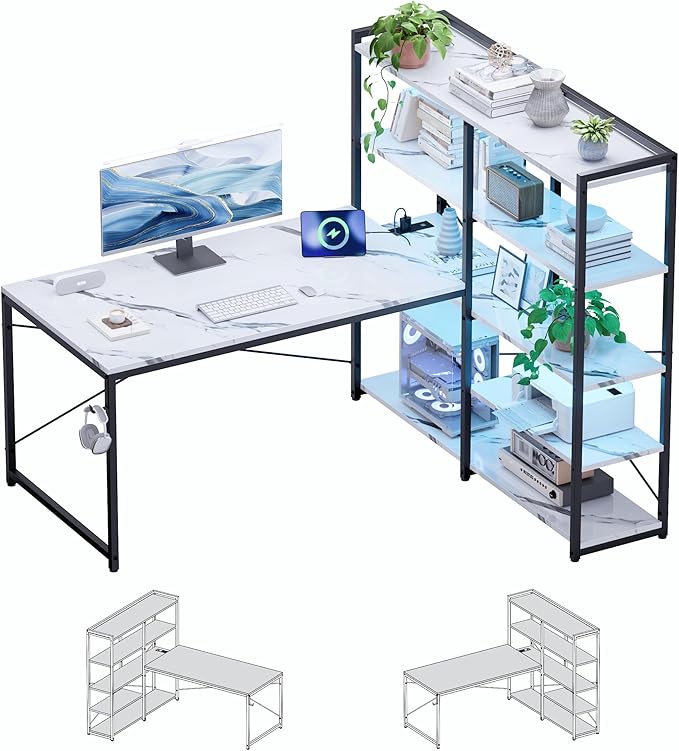 Pamray L Shaped Computer Desk with Reversible Side Storage Shelves 49 Inch Gaming Desk with Power Outlets and Led Lights PC Table for Home Office and Bedroom Marble