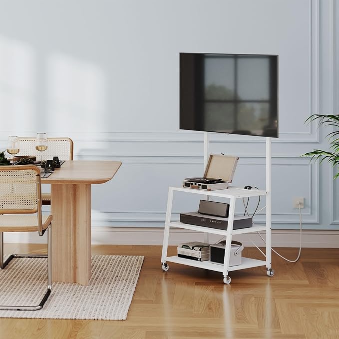 HOOBRO Rolling TV Stand with Mount and Power Outlet Up to 55 inch TV Corner Entertainment Center Small TV Stand with 3-Tier Storage Shelves for Living Room Bedroom White WW66UDS01
