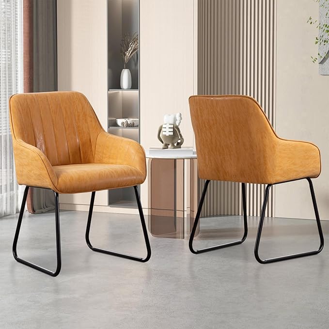 Vanity Art Mid Century Modern Accent Chair with Arms Upholstered Synthetic Faux Leather Chair for Living Room Bedroom Reading Area Comfy Dining Chairs Set of 2 (Yellow Tan) UC-15T