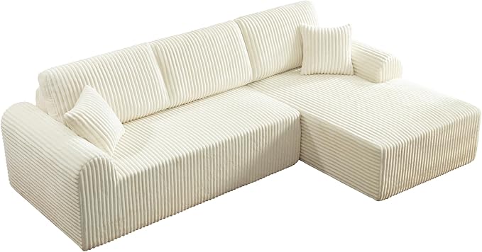 109-Inch L-Shaped Right Facing Boneless Corner Sofa 2 PCS Modular Sectional Cloud Sofa Couch with Chaise Lounge and Toss Pillow Corduroy Boneless L-Shaped Couches