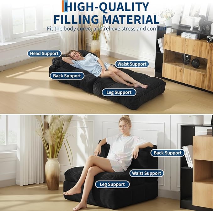 Garvee Folding Sofa Bed Convertible Sleeper Chair with Pillow Foldable Mattress with Back Support Boneless Fold Out Chair Bed Comfy Floor Sofa Lounge for Living Room Bedroom Black Single