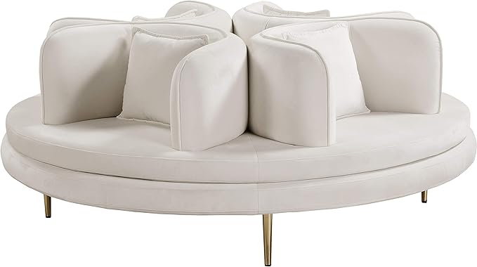 Meridian Furniture 627Cream Circlet Collection Modern | Contemporary Velvet Upholstered Roundabout Sofa with Sturdy Gold Iron Legs Cream 72 W x 72 D x 29 H
