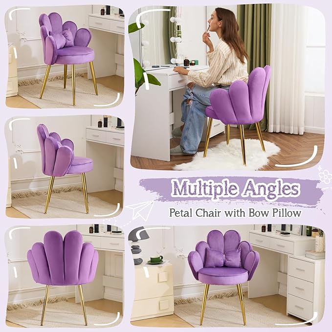 VINGLI Petal Makeup Vanity Chair with BackFlower Cute Girls Desk Chair Comfy No WheelsModern Dining ChairSmall Accent Chair with Adustable Gold Legs&ampBow Pillow for Home OfficeBedroomVelvetPu