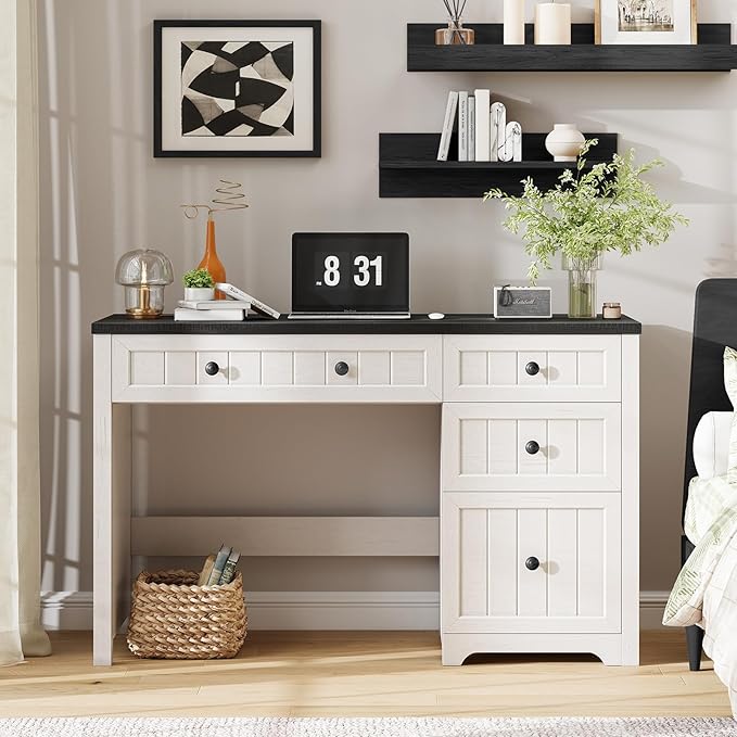 Farmhouse Executive Desk with File Drawer Home Office Desk with 4 Drawers Wood Computer Desk with Storage Rustic Office Desk for Work Study Writing Black White