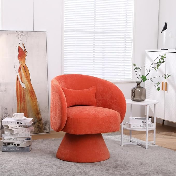 Swivel Accent Chair Swivel Barrel Chair with Pillow 360 Degree Swivel Armchair Round Club Chair for Living Room Bedroom Office Lounge (Orange+Linen)