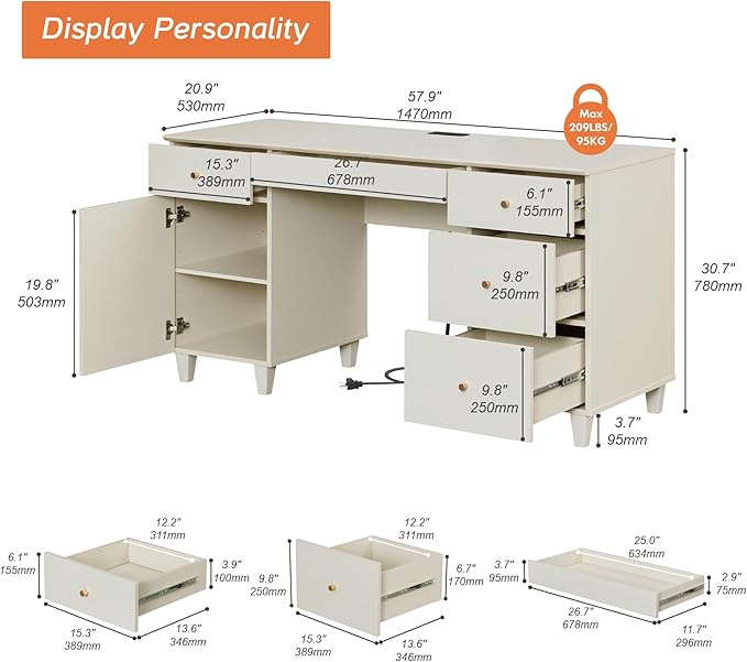 WAMPAT Desk with Drawers &amp Storage Cabinet 58 Inch Beige Wood Desk with Charging Station Modern Home Office Large Wooden Executive Computer Desk Vanity Desk for Bedroom