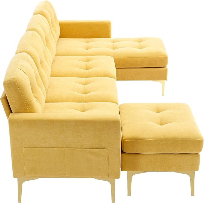 P PURLOVE Velvet Modern Large Sectional Sofa U Shape Upholstered Couch with Chaise Convertible Sofa Couch with Movable Ottoman for Living Room Apartment (Yellow)
