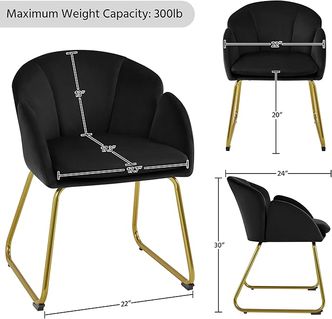 Yaheetech Velvet Living Room Chair Flower Shaped Armchair with Golden Legs Upholstered Side Chair for Vanity Room Living Room Kitchen Dining Room Set of 2 Black