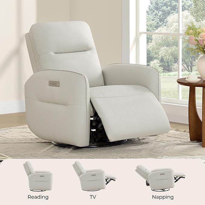 CHITA Faux Leather Power Recliner Chair Swivel Glider Recliner for Adults Nursery Rocking Chair with USB &amp Type-C Charging for Living Room Bedroom Creamy Grey
