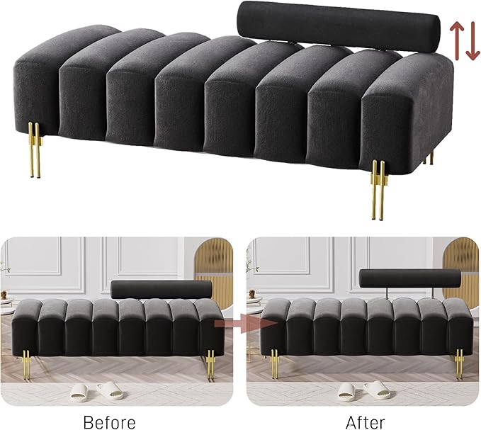 Small Loveseat Sofa Couch 52.2 Upholstered Velvet Mini Couch with Golden Legs Channel Tufted 2 Seat Sofa Bench Adjustable Back for Living Room Bedroom Office Black