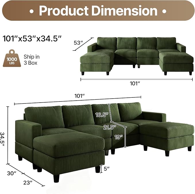 101 Inch Green Corduroy Sectional Sofa U Shaped Sectional Sofa with 2Ottomans 6 Seater Convertible Corduroy Sofa Comfortable Living Room Couch (Green 4 Seat with 2 Ottoman)