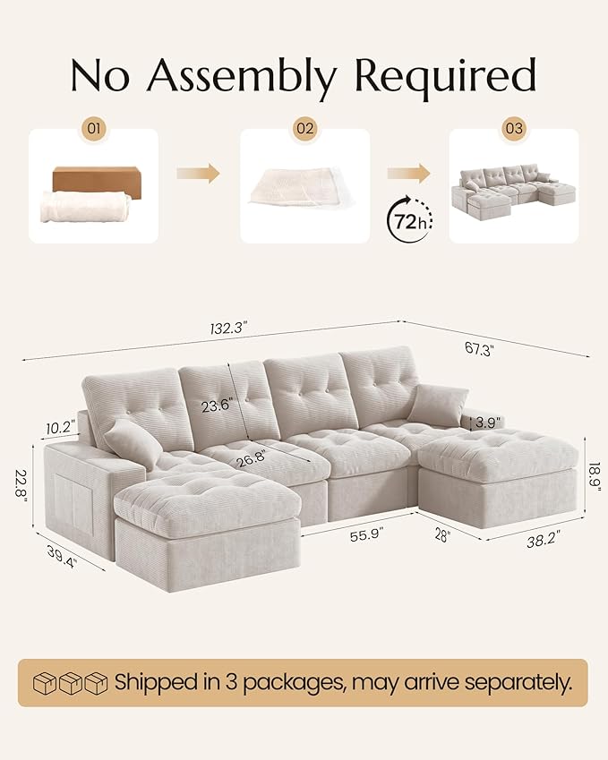 High Back Boneless Couch with 2-Pack Pillow Blankets U Shaped Modular Sectional Sofa with Ottoman Soft Corduroy Cloud Couch Tall Couches for Living Room No Assembly Warm White V2.0