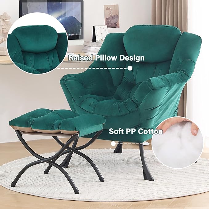 Tiita Lazy Chair with Ottoman Green Modern Large Accent Chair Comfy Leisure Sofa Armchair with Ottoman Reading Chair with Footrest for Bedroom Living Room Dorm Rooms Velvet Green