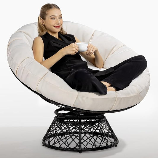 Bme 40 Ergonomic Wicker Papasan Chair with Soft Thick Cushion &amp Frame 360° Swivel Circle Reading Comfy Chair for Living Room Bedroom