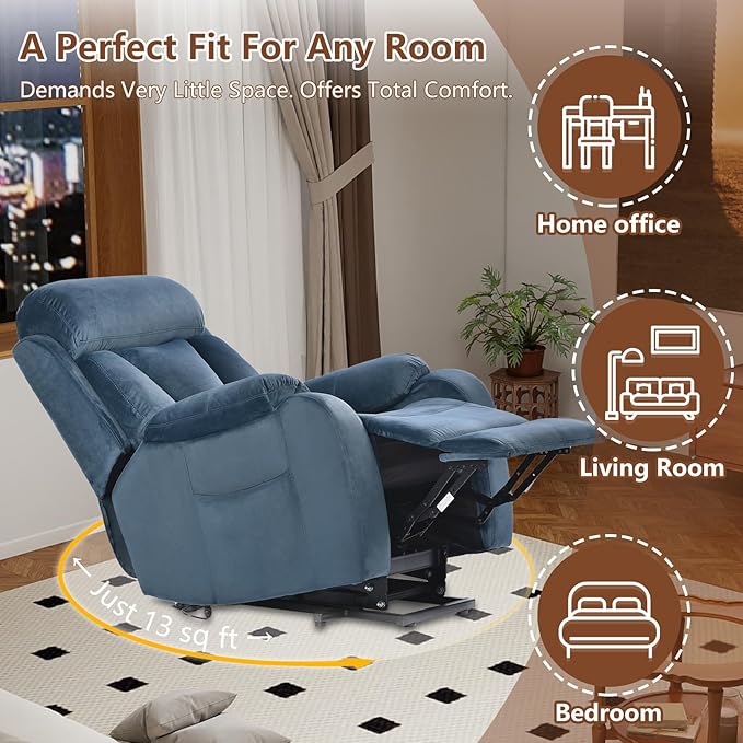 cinkehome Small Power Lift Recliner for Elderly Lift Chair Recliners Electric Recliner Chairs for Seniors Remote Control Adjustable Side Pocket (Navy Blue)