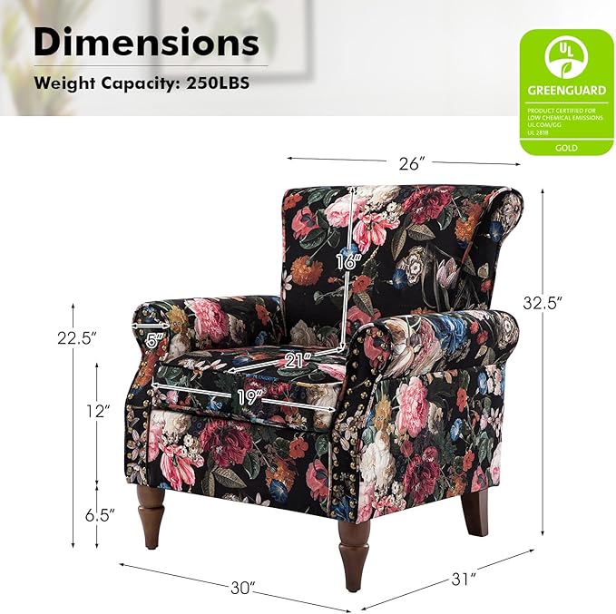 Wingback Accent Chair with Wood Legs Modern Comfy Upholstered Armchair with Removable Cushion and Nailhead Trim Floral Pattern Single Sofa Reading Chair for Living Room Bedroom