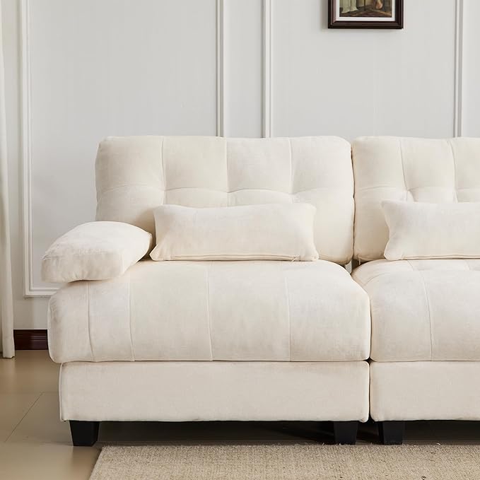 93 3+1 Seater Sofa with Ottoman - 4-Position Adjustable Backrest 350lb/Seat Soft Chenille Fabric 3 Throw Pillows Easy Assembly (Beige)