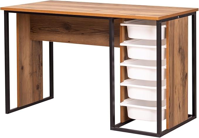 Comfyt Modern Rustic Brown Medium Desk with 5 Drawers Space-Saving Multi-Functional Perfect for Home Office Study Gaming Crafting