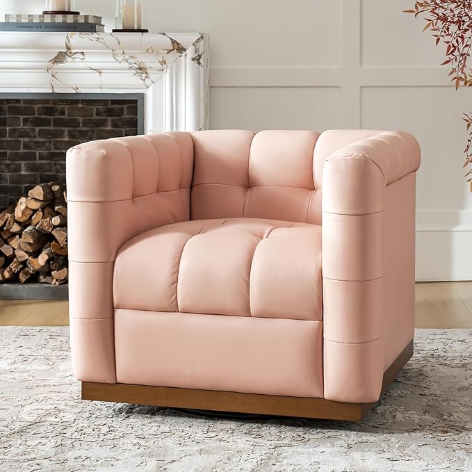 HULALA HOME Genuine Leather Swivel Accent Chair with Wooden Base Mid Century Modern Square Accent Chair for Living Room Bedroom Club Pink