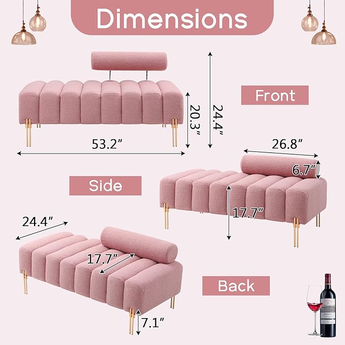 NIOIIKIT 53.2 Modern Loveseat Sofa Couch Upholstered Accent Sofa with Golden Legs and Adjustable Backrest Small Teddy Fleece Couches for Bedroom Living Room Compact Small Space (Pink Teddy)