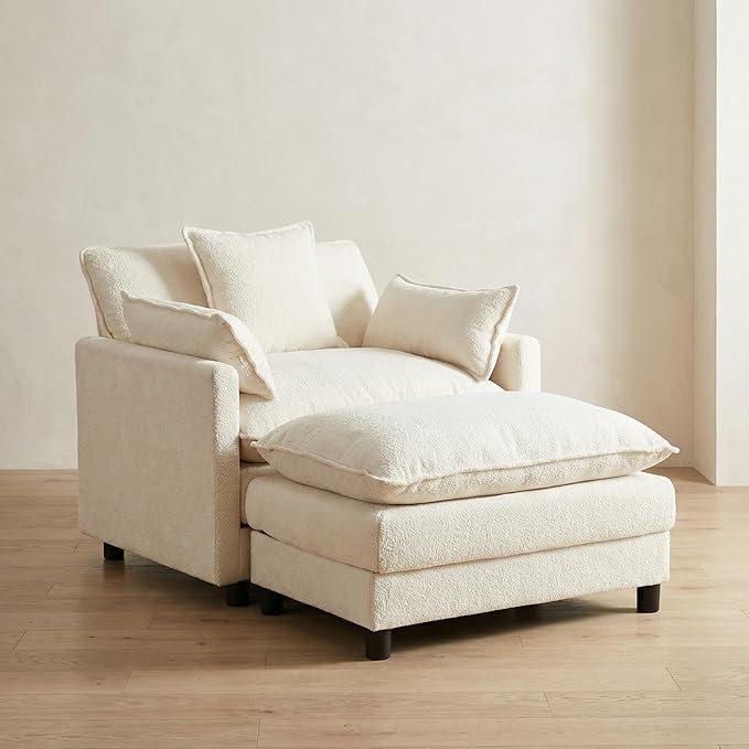 39.4 Oversized Modern Accent Chair with Ottoman Chenille Upholstered Club Chair for Living Room &amp Bedroom Reading Chair 350 lbs Weight Capacity (Beige 1 Seat)