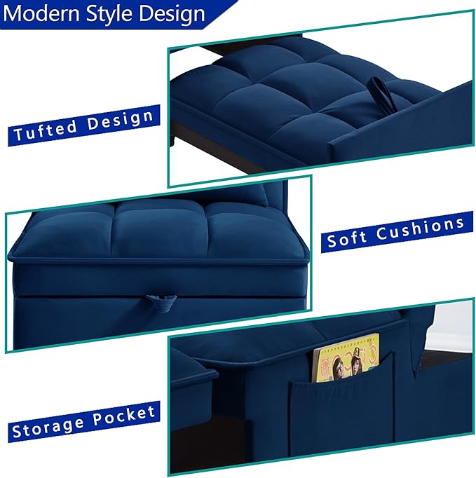4 in 1 Sleeper Chair with Pullout BedConvertible Lazy Sleeper Sofa Chair withStorage Pockets &amp Adiustable Backrest forLiving Room (Navy)