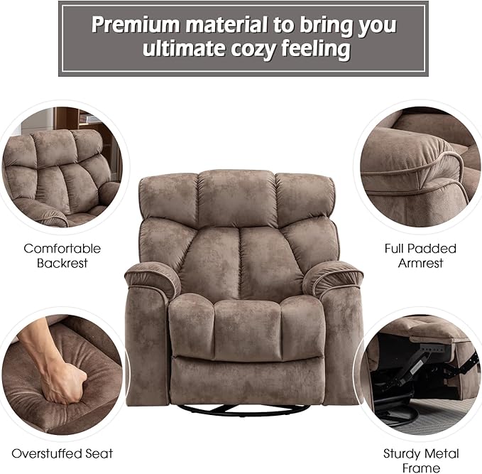 INZOY Oversized Rocker Recliner with Heat and Vibration Manual Swivel Rocking Recliner Chair with Vibrating Massage Comfy Padded Overstuffed Soft Fabric Heated ReclinerCamel