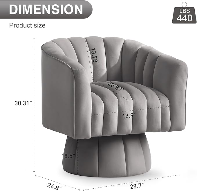 YSICK Swivel Accent Chair 360°Swivel Barrel Chair Modern Ottoman with Velvet Fabric Mid-Century Ottoman with Wide Upholstered Round Armchair for Living Room Lounge BedroomGrey