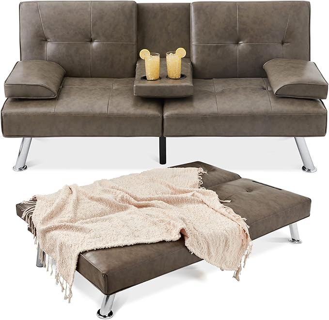 Best Choice Products Faux Leather Upholstered Modern Convertible Futon Adjustable Folding Sofa Bed Guest Bed w/Removable Armrests - Gray