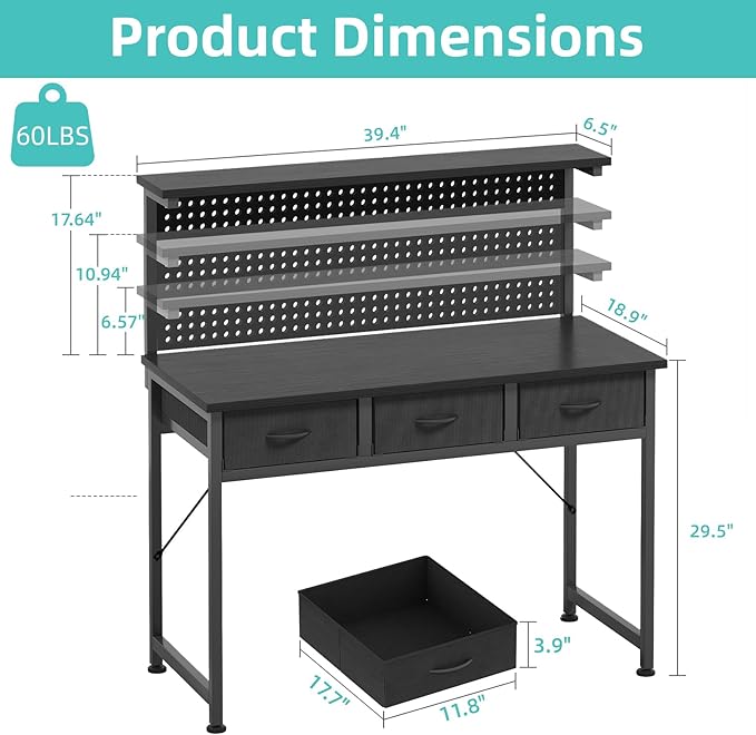 MUTUN Computer Desk with Drawers 40 Inch Computer Desk with Power Outlet &amp LED Light Gaming Desk with Adjustable Monitor Stand &amp Pegboard Modern PC Study Writing Table for Bedroom Black