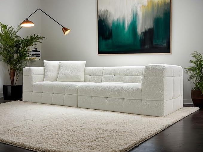 MEISIMAN 110”Modular Sectional Sofa Cloud Couch - Compressed Sofa Soft Teddy Fabric &amp Memory Foam Couch for Living Room No Assembly Required (White)