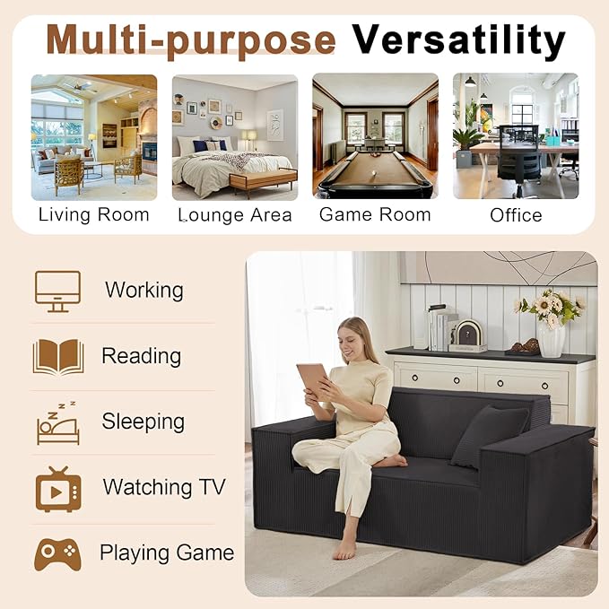 Corduroy Cloud Couch with Pillow Premium Memory Foam No Assembly Required Deep Seat Sofa in Box Space-Saving Chair for Home Living Room Bedroom Apartment Office Loveseat Dark Gray