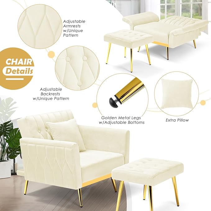 Velvet Accent Chair with Adjustable Backrest and Armrests Single Recliner Armchair with Ottoman and Golden Mental Legs for Living Room Bedroom and Waiting Room Beige