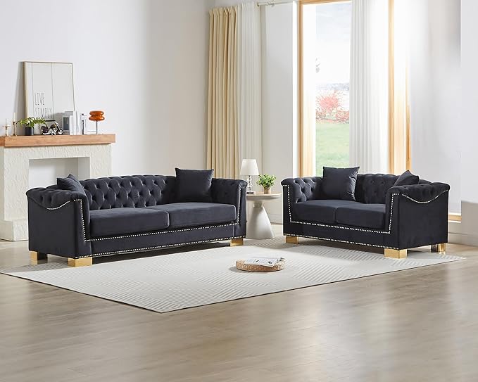 Chesterfield Sofa and Loveseat Set Oversized Mid Century Modern Sofa Couch with Gold Rivet Decoration Cloud Comfy Velvet Upholstered Button-Tufted Couch Set for Living Room Office Black