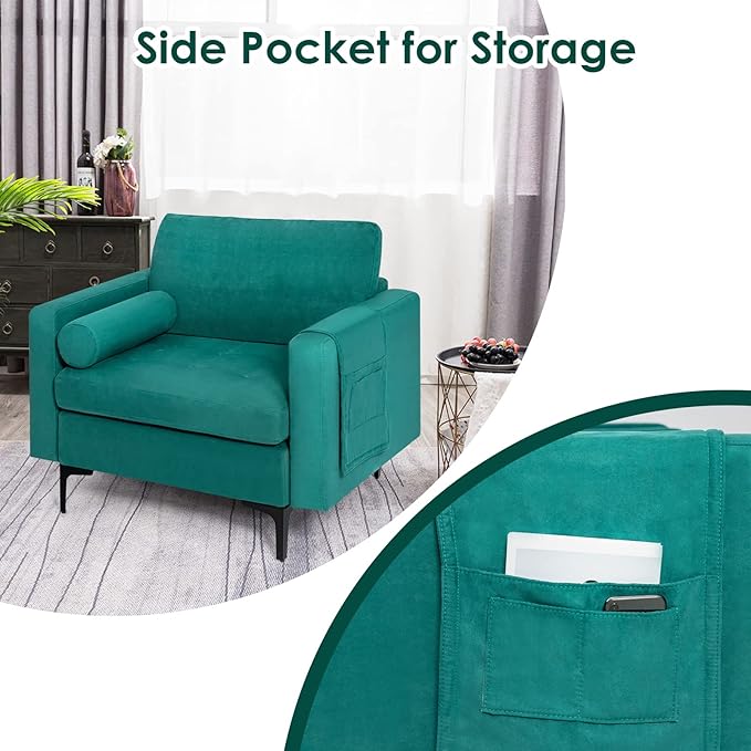 Giantex Single Sofa Accent Chair Armchair w/Comfy Cushion Bolster Armrest Magazine Caddy Pockets Living Room Upholstered Leisure Chair for Bedroom Reception Room Blue