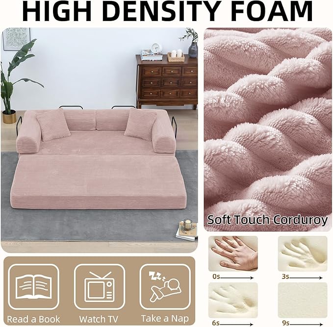Convertible Folding Sofa BedFold Out Floor Sofa Couch with Fixed-Shape FrameCorduroy Foldable Mattress Cloud Couch for Living Room Bedroom (Pink 78 Inch)