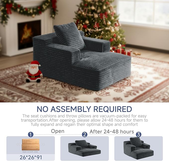 45'' Chaise Lounge Chair Indoor Corduroy Upholstered Boneless Sofa Bed Deep Seat Sleeper Couch Reading Chairs Small Comfy Cloud Sofas Couches for Living Room Bedroom Movie Room (Dark Grey)
