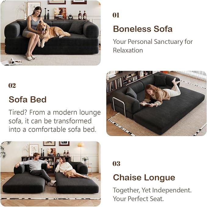 4-in-1 Corduroy Convertible Sleeper Sofa Bed 78.8 Boneless Couch with Pull-Out Bed No Assembly Required Futon Loveseat Floor Mattress with Stainless Fixed-Shape Frame for Living Room (Black) | Clo