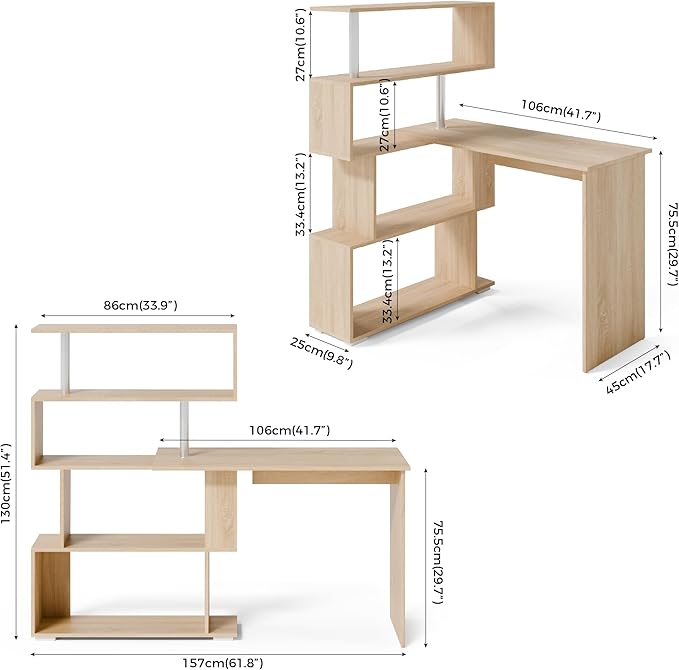L Shaped Computer Desk Corner Desk 360 Degree Rotatable Space Saving Table with Spacious Storage for Home Office Workstation Study 157 x 45 x 130.5 cm Oak
