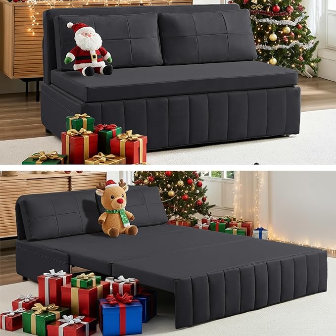 ijuicy 3 in 1 Queen Size Pull Out Sofa Bed Leathaire Sleeper Sofa with Pullout Bed Convertible Loveseat Couch with Pillows and Tri-fold Mattress for Small Spaces Apartment Dark Grey