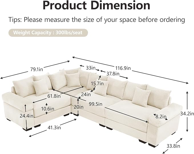 116.9 Modular Section 3 Seater L-Shaped Corner Sofa Convertible Modern Corduroy Couch with Wide Armrest and Deep Seat Solid Wood Frame Boneless Sofa with 12 Pillows Beige