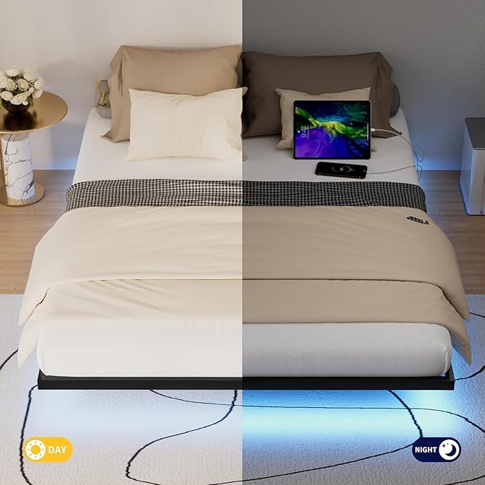Floating Bed Frame Queen Size with LED Lights and Charging Station Metal Platform Bed Easy Assembly No Box Spring Needed