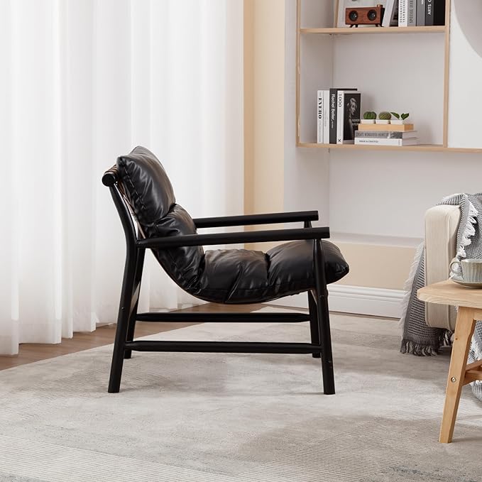 DUOMEI Faux Leather Accent Chair Mid Century Modern Living Room Chairs with Solid Wood Frame Upholstered Lounge Reading Chair Comfy Arm Chair Cozy Recliner for Bedroom/Guest Room Black