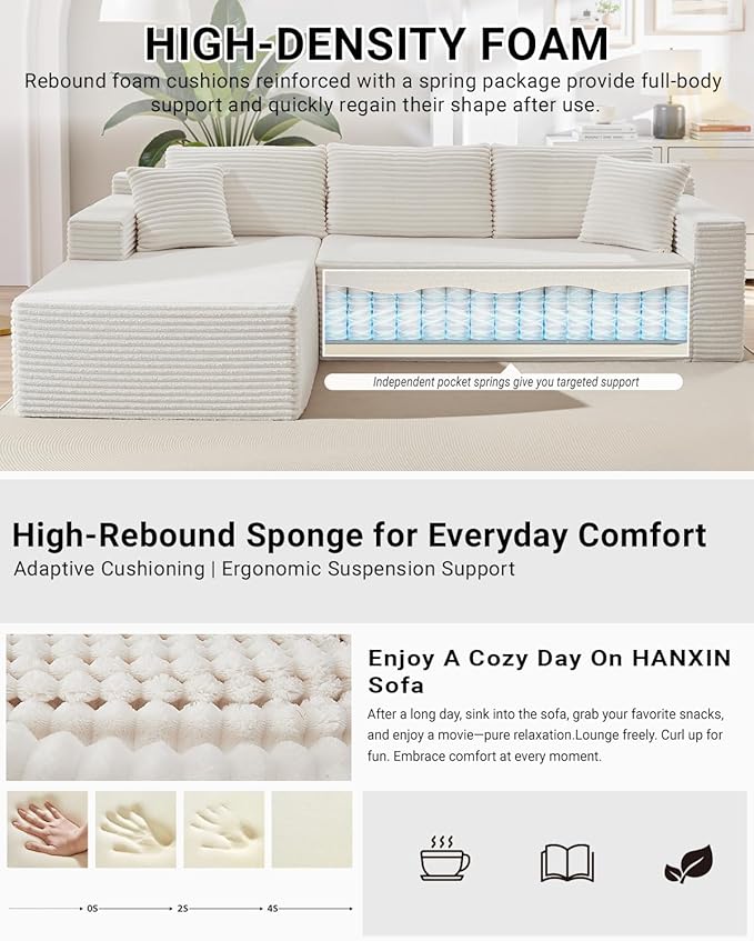 105 Inch Modular Sectional SofaModern Cloud Sectional Couch with Deep SeatCorduroy Boneless Couches with L-Shape Chaise for Living Room BedroomNo Assembly Required (White Left Facing Chaise)