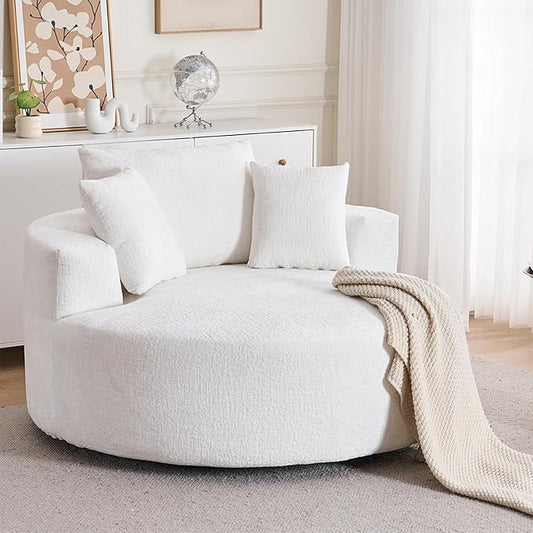 54.5 Beige Oversized Swivel Barrel Chair - Chenille Comfy Modern Sofa Chair Fluffy Upholstered Round Accent Chair Cloud Lounge Armchair with 3 Pillows for Living Room Apartment