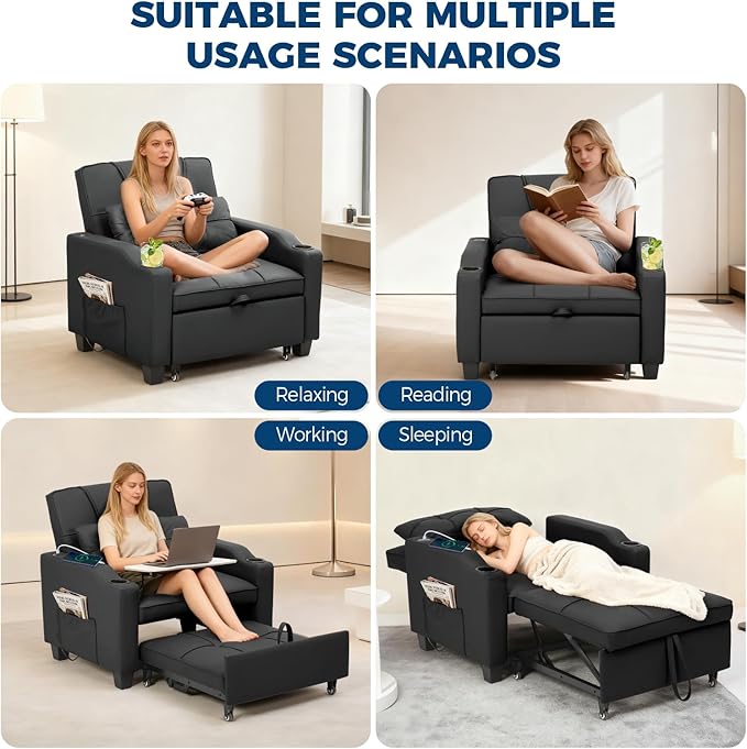 Sleeper Chair Pull Out Bed 4 in 1 Convertible Sofa Chair Bed with Vibration Massage Lumbar Pillow Single Sofa Recliner with USB/Type-C Port Cup Holders and Side Pocket for Small Spaces (Black)
